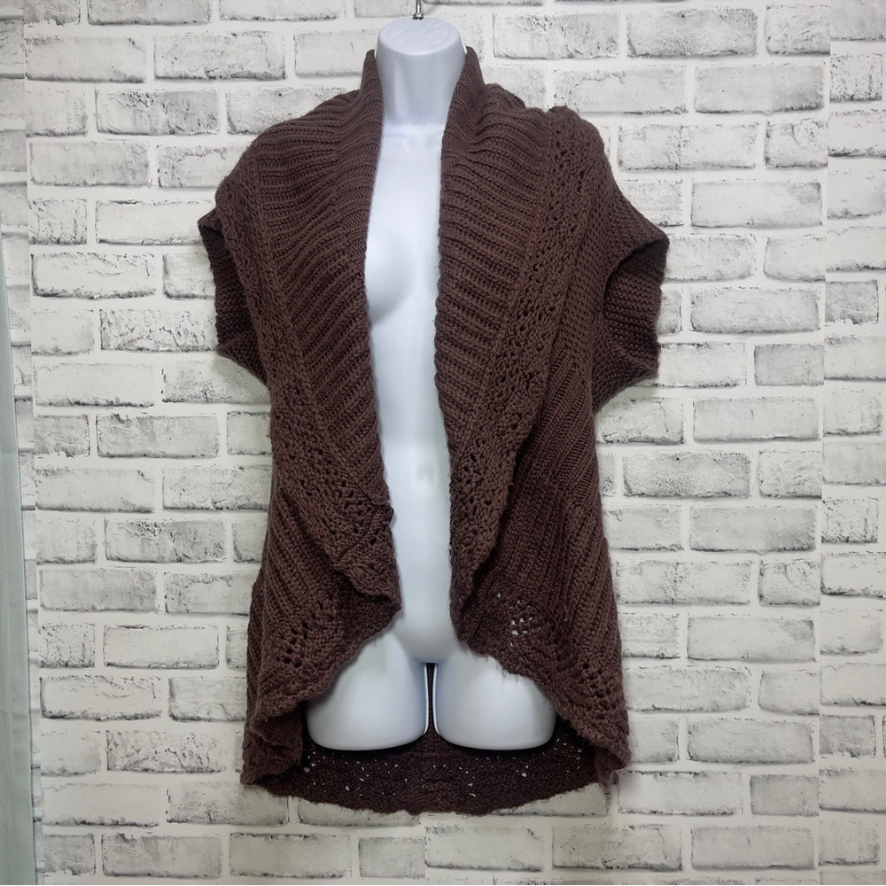 Nine West Jeans Shawl Collar Brown Open Front High Low Mix Knit Sweater Medium